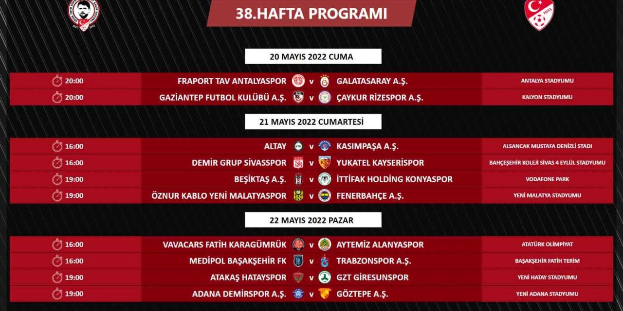 Spor Toto Süper Lig’de 38. Hafta Programı Açıklandı